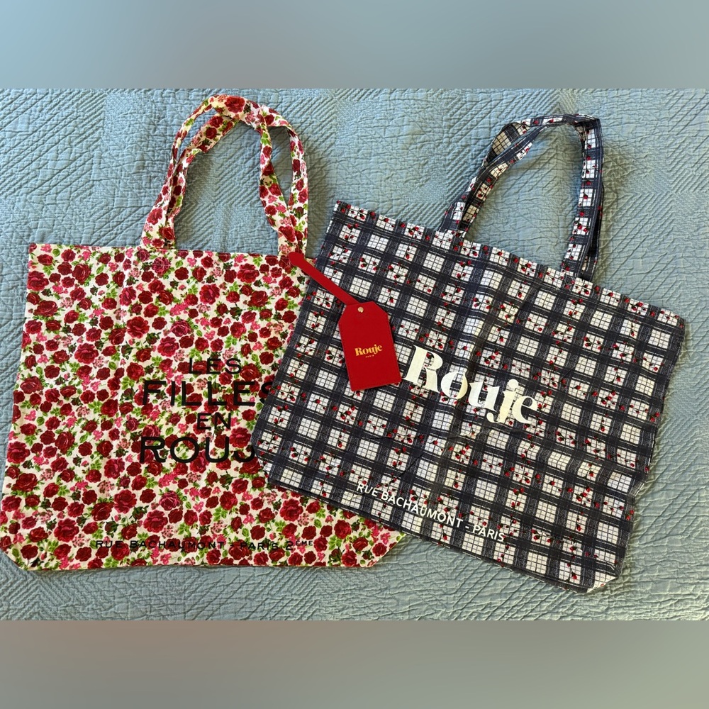 NWOT Rouje Paris Set of 2 Plaid and Floral Totes and Luggage Tag Bundle